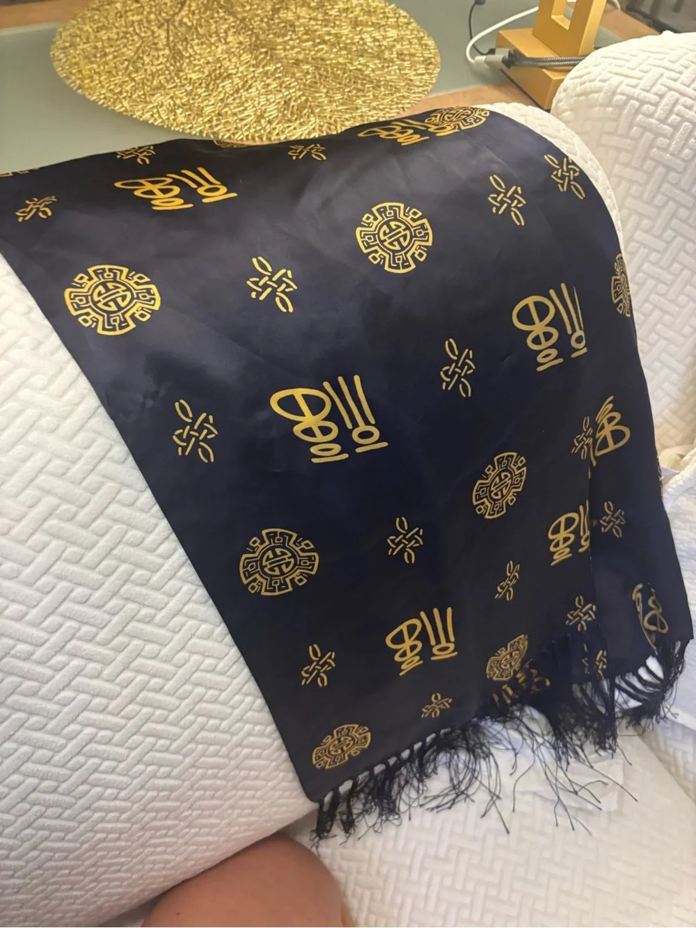 EUC Navy Blue & Gold Patterned 100% Silk Scarf with fringed edges rectangular